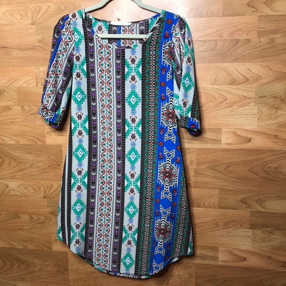 Peach Love California Dresses & Skirts - Small Tribal Print Dress with Multicolored designs and short sleeves
